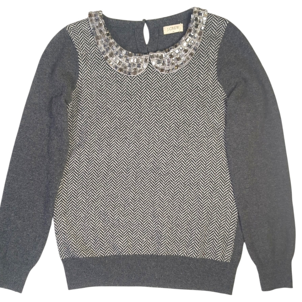 J Crew Women's Gray Jewel Collar Herringbone Sweater Size XS Merino Wool - Picture 6 of 9